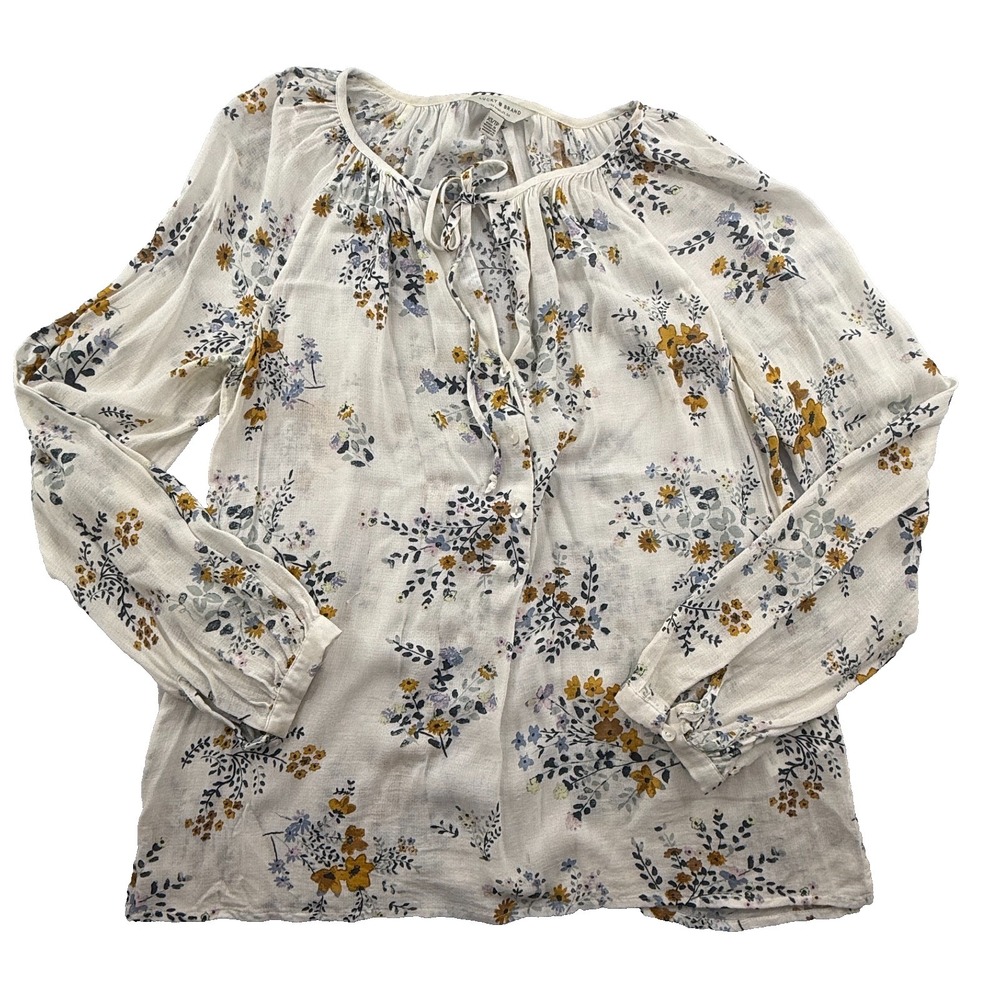 Lucky Brand Floral Blouse Womens XS Ivory Yellow Tie Neck Long Sleeve Peasant